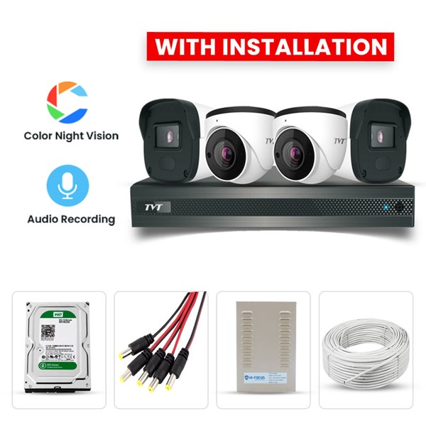 Picture of TVT 4 CCTV Cameras Combo (2 Indoor & 2 Outdoor CCTV Camera) (Colour View With Mic) + 4CH DVR + HDD + Accessories + Power Supply + 90m Cable